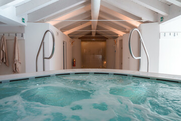 Indulge in luxury with a soothing blue hot tub in a well-lit, minimalist room. The clean, Venetian-style ambiance creates a relaxing atmosphere for ultimate relaxation.
