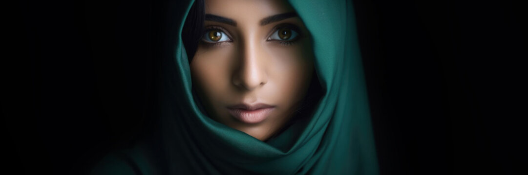 Horizontal banner. Close-up portrait of woman in green burqa. Tanned Muslim woman with brown eyes looks at camera on black background. Concept of belief in God, Arab world, Palestine. Genereative AI