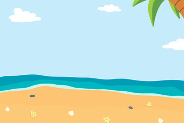 Fototapeta na wymiar beach background illustration vector with coconut tree, beach sand, seashells, starfish and oceon wave for summer holiday