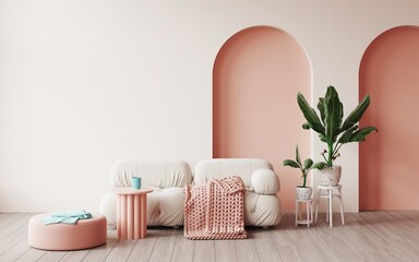 Bright interior with pink niche arch. Memphis design style. Pink soft armchairs, potted palm trees, blue coffee table. 3d rendering	