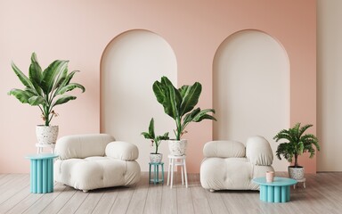 Bright interior with pink niche arch. Memphis design style. Pink soft armchairs, potted palm trees, blue coffee table. 3d rendering	