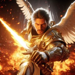 closeup of an angelic golden paladin knight or archangel with flaming sword doing battle - 685414017