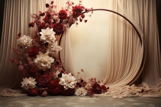 Maternity backdrop, wedding backdrop, photography background, maternity props, Light hoop weaved maroon and cream flowers, elegant wall background, flowing white satin drape, backdrop, giant flowers