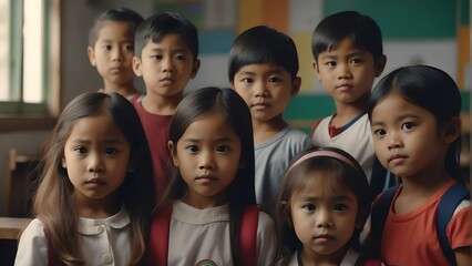 Portrait of group of filipino young kindergarten children on school from Generative AI