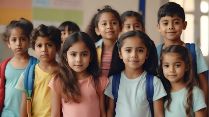Portrait of group of latin young kindergarten children on school from Generative AI