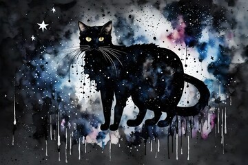full body Black cat formed out of black watercolor drips, watercolor starry galaxy in background - obrazy, fototapety, plakaty