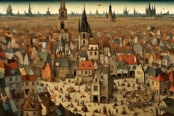 big city life in Hieronymus Bosch art style 
