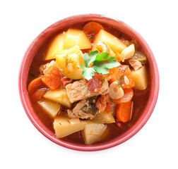 Bowl with delicious beef stew and parsley on white background