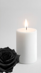Fototapeta na wymiar candle and black rose, condolence card, in loving memory background, copy space 