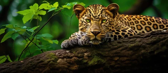 Foto op Plexiglas Wild leopard or panther resting on tree in natural monsoon green in Jhalana Forest, Jaipur, Rajasthan, India - Panthera pardus fusca habitat image. © 2rogan
