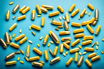 omega 3,6 vitamin capsules isolated on blue background stock image with copy space 