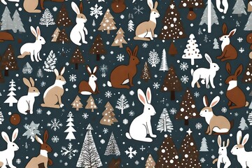 3 patched colours, white brown black ginger wild rabbits, squirels, baby raindeer, falling snow, christmas tree  - obrazy, fototapety, plakaty