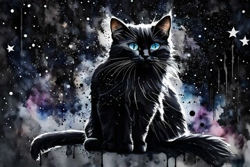 full body Black cat formed out of black watercolor drips, watercolor starry galaxy in background - obrazy, fototapety, plakaty