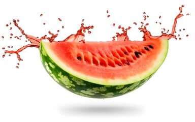 close up watermelon flying in the air, in motion, isolated on white background.