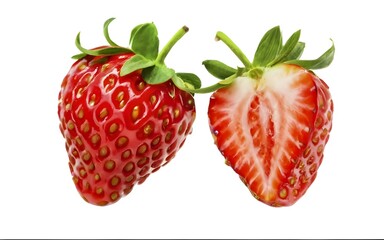 close upof two strawberries fruit flying in the air, in motion, isolated on white background, strawberry.