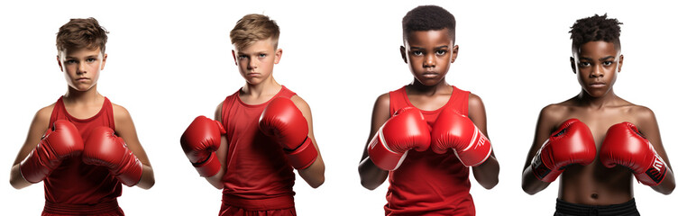 Set of white skin and black skin boys in boxing gloves, a European boy Boxer, an African American Boy boxer, PNG, isolated on a transparent background. - obrazy, fototapety, plakaty
