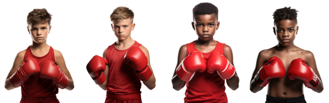 Set of white skin and black skin boys in boxing gloves, a European boy Boxer, an African American Boy boxer, PNG, isolated on a transparent background. - Powered by Adobe