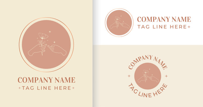 Logotipo em estilo vintage com ilustra&ccedil;&atilde;o de m&atilde;o segurando flor 