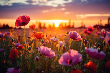 Field of blooming poppies at sunset. Nature background. 