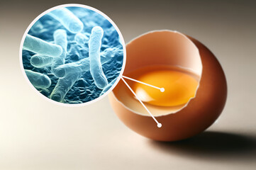 Close-up of egg with salmonella bacteria, a warning about foodborne illnesses. Salmonella Enteritidis