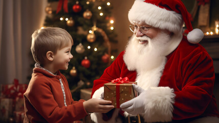 Fototapeta na wymiar santa clause giving presents to kids on christmas, holiday spirit, giving gifts