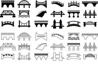 Black Bridges Icons Set. concept of place, visual identity, real estate contour, suspension bridges. Flat style trend modern brand graphic art designs with editable stock on Transparent background.