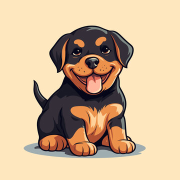Happy rottweiler puppy dog, plain background, cartoon 