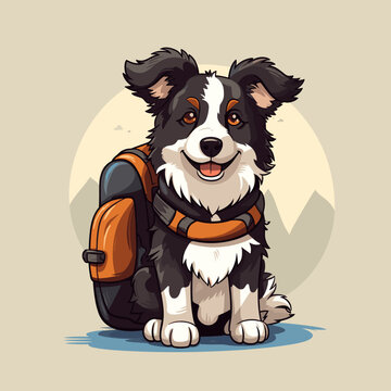 Happy Border Colie with backpack , plain background, cartoon 