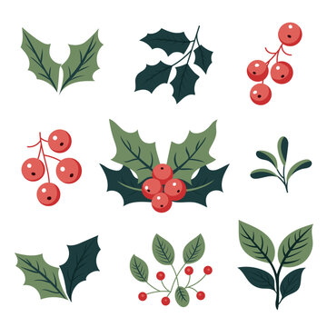 A set of nine illustrations of holly leaves and berries in a flat design style