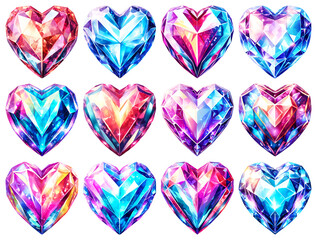 A collection of beautiful heart-shaped gemstones, isolated on a transparent background. Top-view set of colorful heart-shaped gems and stones.
