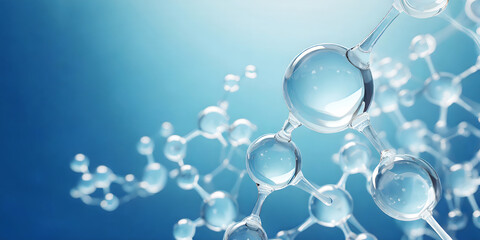 Colorful 3D glass molecules and atoms in blue background. - obrazy, fototapety, plakaty