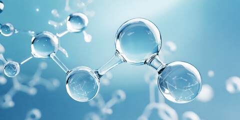 Colorful 3D glass molecules and atoms in blue background.