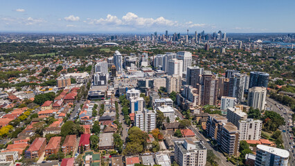 Aerial drone view of Bondi Junction in the Eastern Suburbs of Sydney, NSW Australia with Sydney...