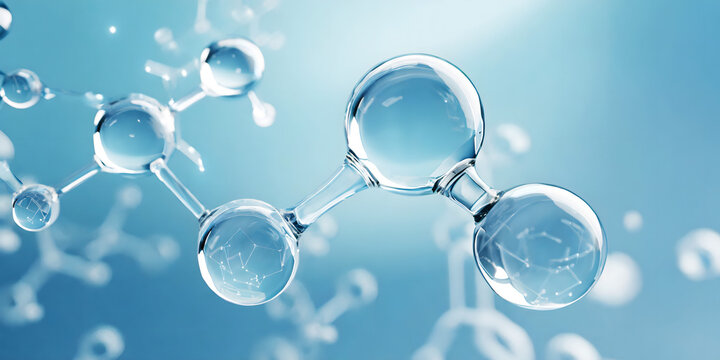 Colorful 3D glass molecules and atoms in blue background.