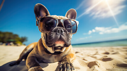 Frenchbulldog in the sunshine wearing sunglasses in the water on the beach chillin' like a villain - obrazy, fototapety, plakaty