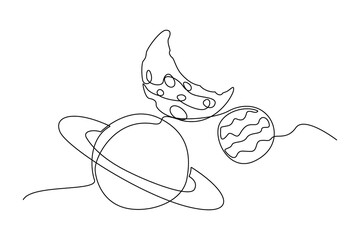 Continuous one line drawing Astronaut, planet and space object. space concept. Doodle vector illustration.