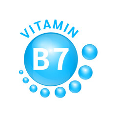 Vitamin B7 blue substance Sign Icon. Realistic design, small circle around. Isolated on white background. Personal care, beauty concept. Medicine health symbol of thiamine. Vector Illustration EPS10.	