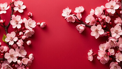 Cherry blossoms on red background. Background with copy space