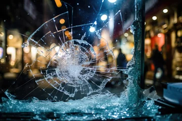 Rolgordijnen Window damage impact destruction crash shattered dangerous broken wreck accident crime vandalism © SHOTPRIME STUDIO