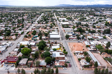 Aerial view of Agua Prieta, Mexico 
US/MX border wall seen in distance 