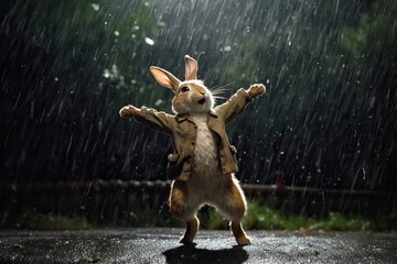 Rabbit dancing in the rain - obrazy, fototapety, plakaty