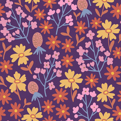 Fototapeta na wymiar Floral seamless pattern in folk boho style. Ditsy print for textile, fashion and design. Vector illustration