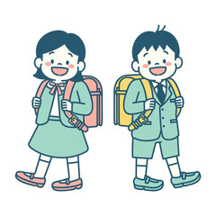小学校に入学するランドセルを背負った新一年生のイラスト　パステルカラー