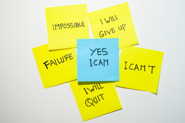 Motivational words for personal development, yes I can, inspirational handwriting on sticky notes