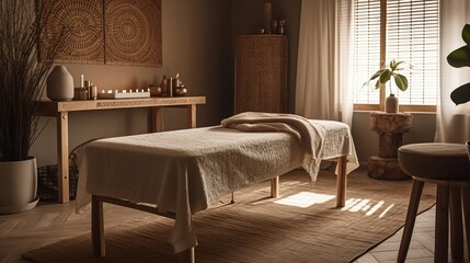 Fototapeta premium Massage table. Stylish room interior with massage table in spa salon, 3d render. Decor concept. Real estate concept. Art concept. Design concept. Interior concept.