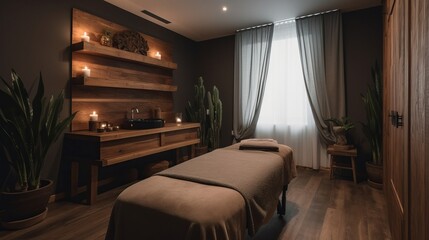 Massage table. Stylish room interior with massage table in spa salon, 3d render. Decor concept....