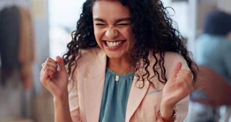 Fashion designer, winning and laptop for success in logistics, startup business goals and e commerce sales or profit. Entrepreneur or happy woman with wow and yes for news on computer and online shop