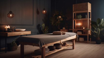 Massage table. Stylish room interior with massage table in spa salon, 3d render. Decor concept. Real estate concept. Art concept. Design concept. Interior concept.