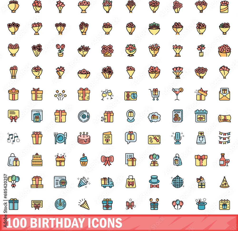 Wall mural 100 birthday icons set. color line set of birthday vector icons thin line color flat on white - Wall murals