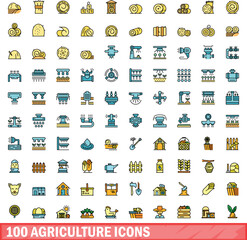 100 agriculture icons set. Color line set of agriculture vector icons thin line color flat on white